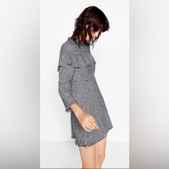 Zara Ruffle Top Tweed Classic Houndstooth Flare Dress XS - Picture 4 of 14